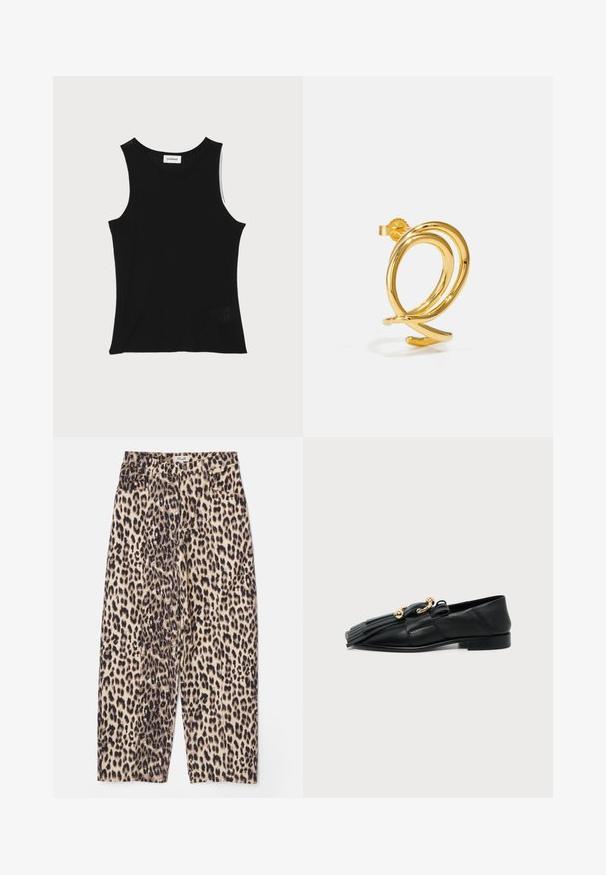 Schwarzes, geripptes Tanktop mit rundem Ausschnitt und breiten Trägern, das eine subtile Texturierung und ein kleines Netzdetail am Saum aufweist.; Leopardenmuster-Hosen in Beige und Schwarz mit lockerem Sitz, strukturiertem Stoff und vier Taschen sowie einem Bund.; Schwarzer Lederloafer mit spitzer Zehe, Fransen-Detail und goldenen Kugel- und Ringverzierungen auf einfarbigem Hintergrund.; Einzelner Ohrring aus goldfarbenem Metall mit abstraktem, geschlungenem Design und Steckverschluss auf schlicht weißem Hintergrund.