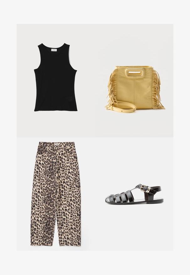 Schwarzes, geripptes Tanktop mit rundem Ausschnitt und breiten Trägern, das eine subtile Texturierung und ein kleines Netzdetail am Saum aufweist.; Leopardenmuster-Hosen in Beige und Schwarz mit lockerem Sitz, strukturiertem Stoff und vier Taschen sowie einem Bund.; Schwarze Ledersandale im Fischermuster mit offenem Zehenbereich, mehreren Riemen und goldener Schnalle auf flacher Sohle, seitliche Ansicht.; Gelbe Lederhandtasche mit Fransen an den Seiten, rechteckigem Griffausschnitt und abnehmbarem Schulterriemen, vorne platziert.