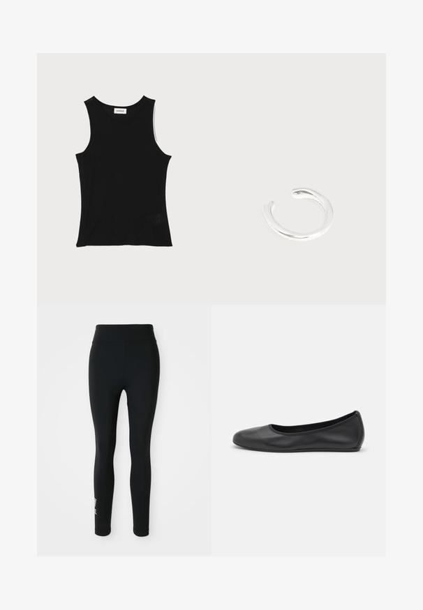 Sort ribbet tanktop med rund halsudskæring og brede skulderstropper, med en subtil struktureret finish og en lille mesh-detalje ved kanten.; Sorte leggings lavet af strækbart stof, med en høj talje og et lille trykt logo på det ene ben. Glat tekstur, tætsiddende design.; Sort læderballetsko med rund tå, glat tekstur, minimal syning og et fleksibelt såldesign.; Minimalistisk skinnende sølv åben manchet-ring med glatte afrundede kanter på en almindelig lys baggrund.