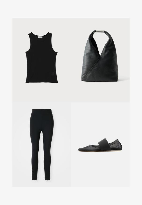 Sort ribbet tanktop med rund halsudskæring og brede skulderstropper, med en subtil struktureret finish og en lille mesh-detalje ved kanten.; Sorte leggings lavet af strækbart stof, med en høj talje og et lille trykt logo på det ene ben. Glat tekstur, tætsiddende design.; Sort fladsko med netmateriale, rundet tå og bred elastisk rem over vristen, vist i sideprofil på ensartet baggrund.; Sort læderhåndtaske med en blød trekantet form og en sølv metal låsehåndtag på en ensfarvet hvid baggrund.