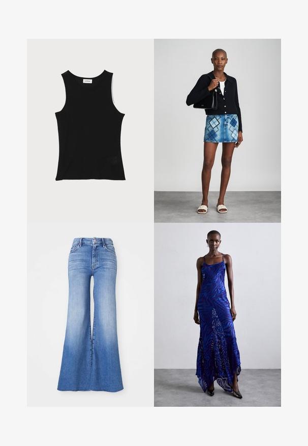 Sort ribbet tanktop med rund halsudskæring og brede skulderstropper, med en subtil struktureret finish og en lille mesh-detalje ved kanten.; Bukser i flared denim i lys blå vask, med høj talje, karakteristiske brede ben og en let falmning mod kanten. Knap- og lynlås-lukning.; Blå og lilla dyreprint maxi kjole med tynde stropper, en tætsiddende bodice, flagrende kant og gennemsigtig overlay-detaljering.; Sort striktrøje, hvid top, denimnederdel med blå og sort diamantmønster, sort håndtaske og beige slidesandaler.