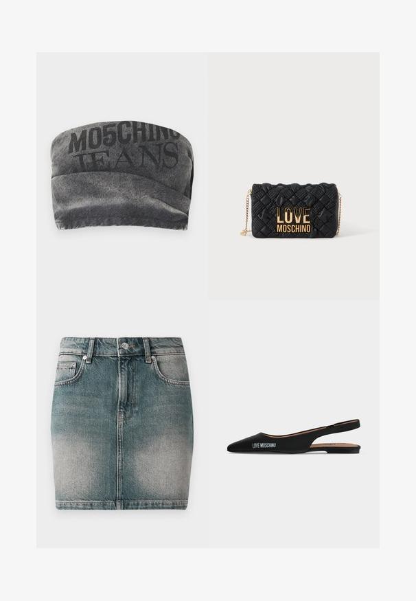 Čierny denimový bandeau s textúrovaným povrchom a vytlačeným nápisom "MO5CHING JEANS" v tučnom písme. Obsahuje hladký zakrivený dizajn a prešité okraje.; Modrá džínsová minisukňa s predným gombíkom a zipsom, dvoma prednými vreckami a vyblednutým detailom na stehnách.; Čierna špicatá slingback balerína s nízkym podpätkom a logom "LOVE MOSCHINO" na boku na jednoduchom svetlom pozadí.; Čierna prešívaná crossbody kabelka so zlatým reťazovým remienkom a veľkým zlatým logom "LOVE MOSCHINO" na prednej strane.