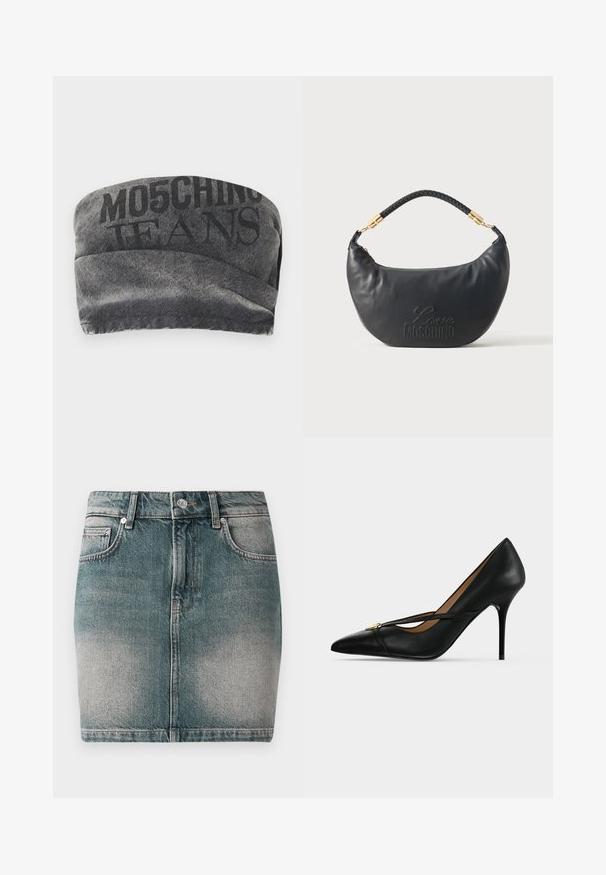 Čierny denimový bandeau s textúrovaným povrchom a vytlačeným nápisom "MO5CHING JEANS" v tučnom písme. Obsahuje hladký zakrivený dizajn a prešité okraje.; Modrá džínsová minisukňa s predným gombíkom a zipsom, dvoma prednými vreckami a vyblednutým detailom na stehnách.; Čierna kožená lodička na vysokom podpätku s ukázanou špičkou a úzkym pásikom cez vrch, ktorý je zabezpečený malou zlatou prackou na jednofarebnom pozadí.; Čierna kabelka v tvare polmesiaca s pletenou rúčkou, zlatým kovaním a vyrazeným logom "Love Moschino" na prednej strane.