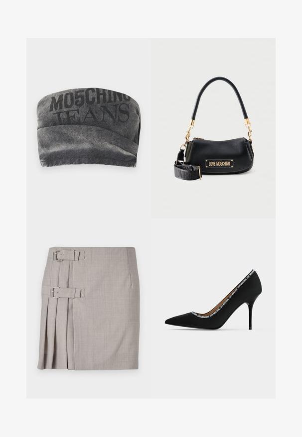 Sort denim bandeau med en tekstureret overflade og trykt "MO5CHING JEANS" i fed skrift. Har et glat kurvet design og stikninger i kanterne.; Grå nederdel med struktureret stof, sidelæg og to spænde detaljer for justerbar pasform. Klassisk lige form, knælængde design.; Sort spids højhælet sko med stiletthæl og "LOVE MOSCHINO" tekstkant langs åbningens kant, sidevisning på hvid baggrund.; Sort Moschino håndtaske med gulddetaljer, aftagelig skulderrem med logo og buet håndtag på en ensfarvet lys baggrund.