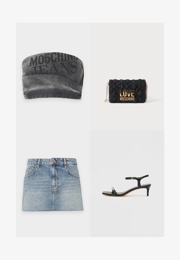 Čierny denimový bandeau s textúrovaným povrchom a vytlačeným nápisom "MO5CHING JEANS" v tučnom písme. Obsahuje hladký zakrivený dizajn a prešité okraje.; Svetlomodrá džínsová mini sukňa s úzkym pásom, predným zapínaním na gombíky a dvoma bočnými vreckami. Má surové lemovanie a kontrastné švy.; Čierna kožená sandála na podpätku s remienkom okolo členka, otvorenou špičkou, štvorcovým predkom a striebornými kovovými prvkami. Strihaný dizajn s elegantným profilom.; Čierna prešívaná crossbody kabelka so zlatým reťazovým remienkom a veľkým zlatým logom "LOVE MOSCHINO" na prednej strane.