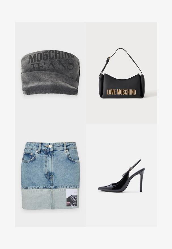 Čierny denimový bandeau s textúrovaným povrchom a vytlačeným nápisom "MO5CHING JEANS" v tučnom písme. Obsahuje hladký zakrivený dizajn a prešité okraje.; Džínová mini sukňa s prechodom modrej farby, dizajnom s piatimi vreckami, striebornými detailmi a potlačenou nálepkou s grafikou hory.; Čierna lesklá kožená lodička na vysokom opätku so špicatou špičkou a nastaviteľnou pásikou s logom na bielej pozadí.; Čierna kabelka Moschino so zlatým nápisom a krátkym ramenným remienkom na bielom pozadí.