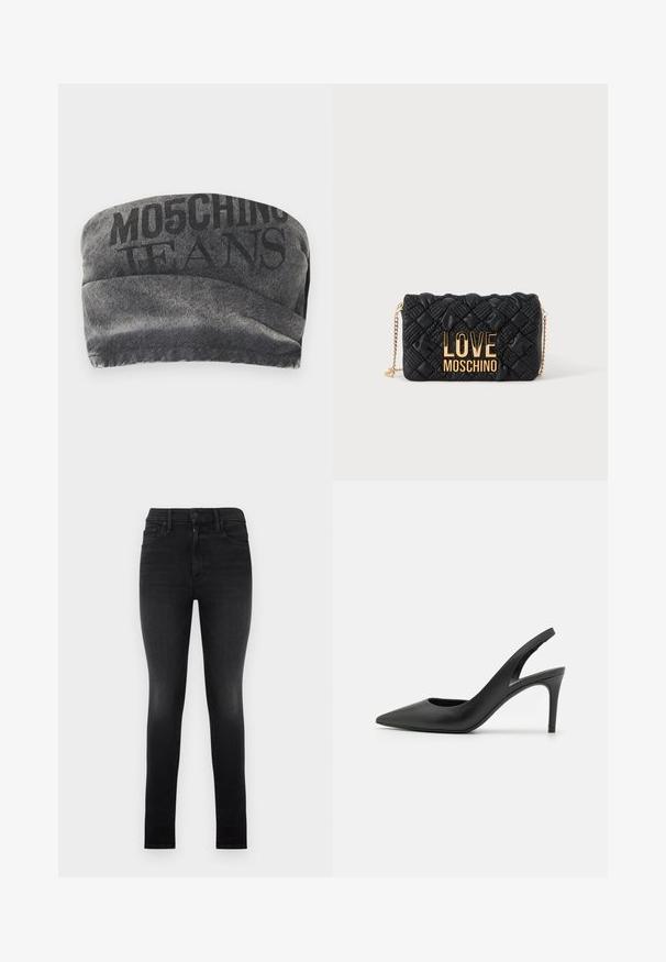 Sort denim bandeau med en tekstureret overflade og trykt "MO5CHING JEANS" i fed skrift. Har et glat kurvet design og stikninger i kanterne.; Sorte højtaljede skinny jeans med let fading på lårene, fem-lomme design, knap- og lynlåslukning, præsenteret fladt på hvid baggrund.; Sorte læder slingback høje hæle med spids tå-design, der har en udskæring fortil og en tynd stiletto-hæl.; Sort quiltet crossbody taske med guldkæde-rem og stort guld "LOVE MOSCHINO" logo foran.