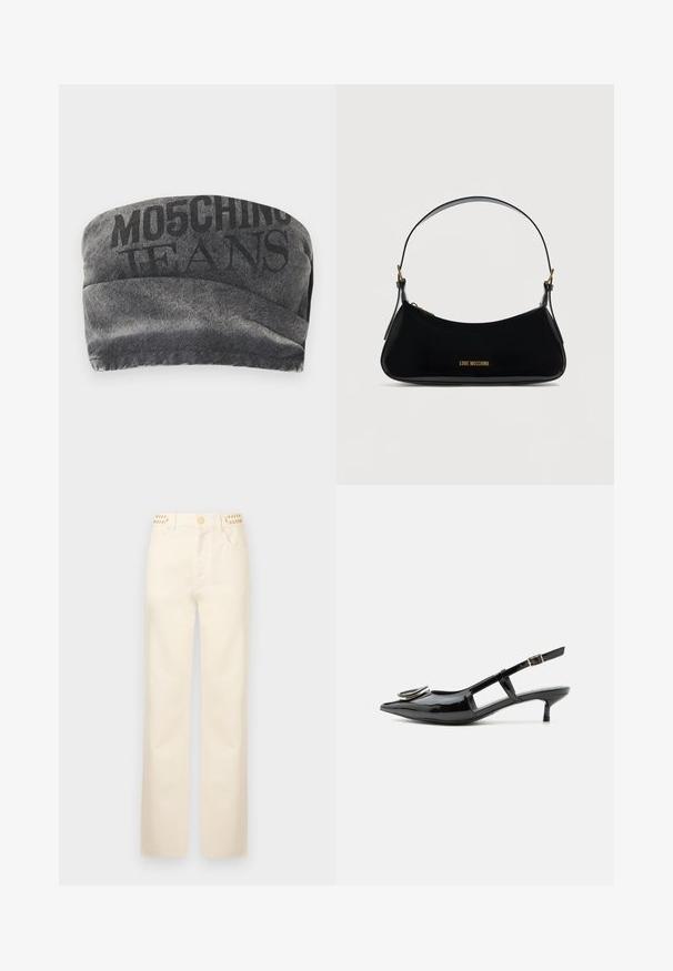 Mustavilla denim bandeau, jossa on tekstuuripinta ja painettu "MO5CHING JEANS" paksuilla kirjaimilla. Ominaisuudet: sileä kaarimuotoilu ja ommellut reunat.; Rabanne Straight leg -farkut - off white denim; Musta kiiltonahkainen slingback-kenkä matalalla korolla, terävä kärki, leikattuja sivuja, solkiläppä ja pyöreä metallinen yksityiskohta kärjessä.; Mustasta kiiltävästä nahasta valmistettu olkalaukku, jossa on kaareva muoto, edessä kultainen "LOVE MOSCHINO" -logo ja säädettävä hihna kultaisilla metalliosilla.
