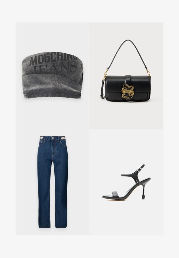 Mustmustest mustband koos tekstuurne viimistlus ja trükitud "MO5CHING JEANS" paksus. Omab sujuvat kõverat disaini ja õmblustega ääri.; Rabanne Sirgete säärtega teksad - dark blue denim; Mustast nahast kõrge kontsaga sandaal peente rihmade ja avatud varbaga, reguleeritava pahkluu pandlaga, esitatud valgel taustal.; Mustast nahast õlakott, millel on kuldne topeltsisalikuga kinnitus ja esiklapil "Just Cavalli" logo plaat.