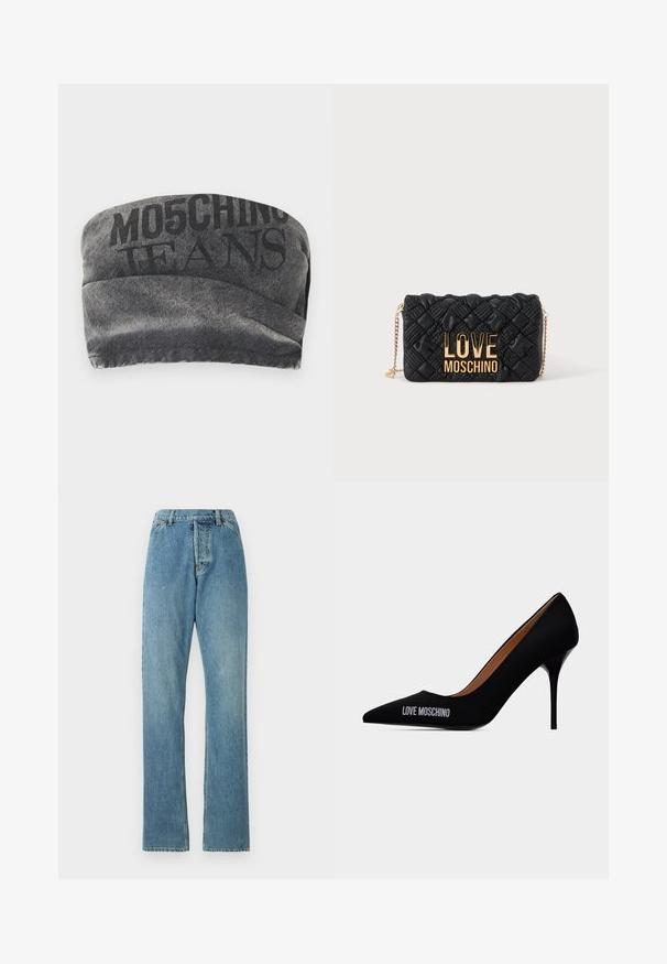 Mustmustest mustband koos tekstuurne viimistlus ja trükitud "MO5CHING JEANS" paksus. Omab sujuvat kõverat disaini ja õmblustega ääri.; Heledad sinine denimsinised püksid sirge lõikega, viie taskuga stiil ja nähtav vöökoht. Tekstuur on veidi kulunud, kuid terviklik.; Must terava varbaga stilettokontsaga king, mille välisküljel on kiri "LOVE MOSCHINO" ning millel on sile ja libisev disain.; Must quiltitud õlakott kuldse kettaga ja suur kuldne „LOVE MOSCHINO“ logo ees.