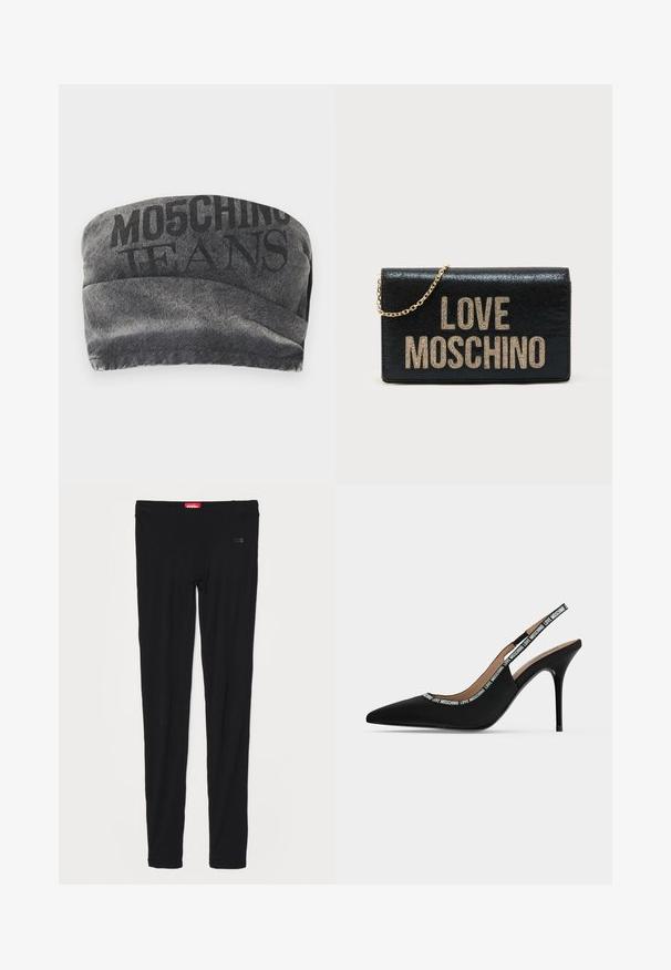 Zwarte denim bandeau met een gestructureerde afwerking en gedrukt "MO5CHING JEANS" in vet. Heeft een gladde curveontwerp en gestikte randen.; Zwarte legging van gladde stof, met een hoge tailleband en subtiele branding aan de voorkant. De legging heeft een slanke, aansluitende pasvorm.; Zwarte slingback pump met spits toe, dunne naaldhak en "LOVE MOSCHINO" tekst op het bandje en de rand.; Zwarte portemonnee van nepleer met gouden kettingriem, met "LOVE MOSCHINO" in glinsterende gouden letters aan de voorkant. Gladde textuur, rechthoekige vorm.