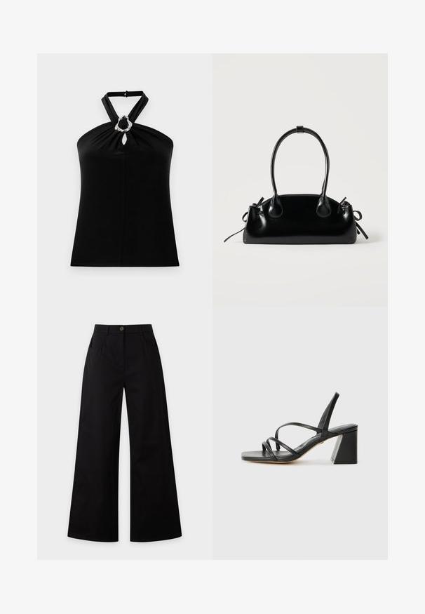 Top noir à col licou avec boucle circulaire argentée et détail œillet au centre devant, tissu lisse, coupe ajustée.; Pantalon noir à jambes larges avec bouton sur le devant, fermeture éclair et poches latérales sur un fond uni clair.; Sandales noires à talons avec un bout carré, présentant plusieurs fines bretelles et un talon bloc géométrique. Texture en cuir lisse et design minimaliste.; Petit sac à main noir brillant avec deux longues anses et des détails à cordon sur les côtés sur un fond clair uni.