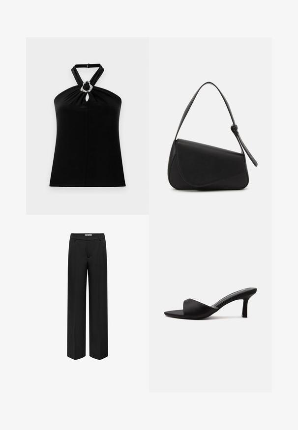 Top noir à col licou avec boucle circulaire argentée et détail œillet au centre devant, tissu lisse, coupe ajustée.; Pantalons larges noirs en tissu lisse, dotés d'une taille, de poches avant et d'une coupe ajustée. Pas de motifs ni d'accents visibles.; Mule noire à bout ouvert avec un talon moyen et fin, et une large bride sur l'avant, vue de profil sur un fond uni.; Sac à main en cuir noir de forme triangulaire, avec un rabat incliné et une poignée supérieure arrondie. Il présente une texture lisse et des détails de design minimalistes.