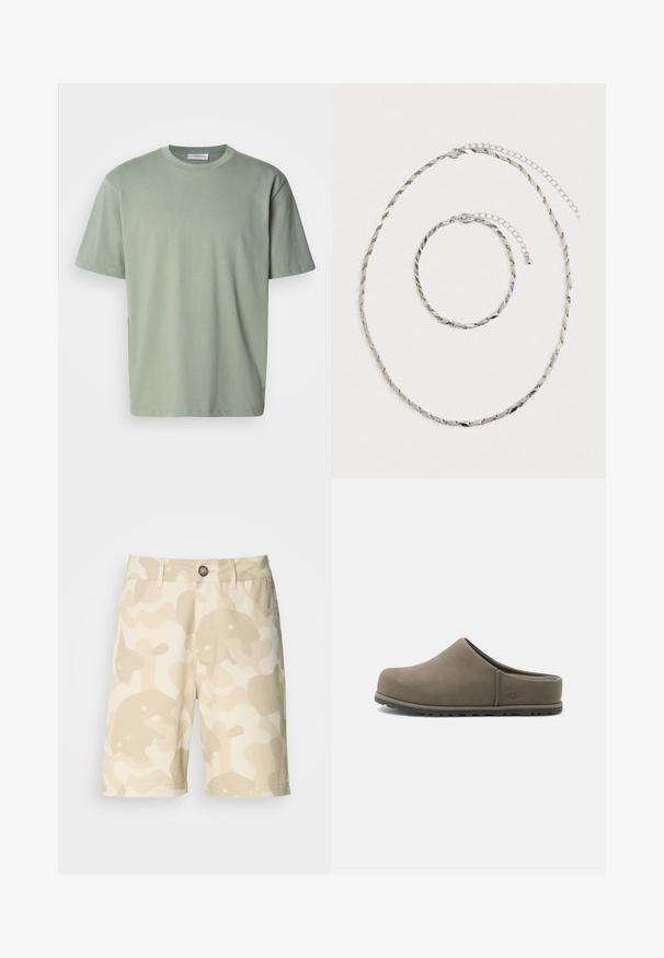 T-shirt vert clair à manches courtes en coton doux. Présente un col rond et une coupe droite et décontractée. Design minimaliste, sans motifs.; Shorts beiges avec un motif camouflage crème, dotés d'une fermeture boutonnée, de passants de ceinture et de poches. Fabriqués dans un tissu à la texture lisse.; Sabot en daim marron à enfiler avec bout fermé, semelle rembourrée et talon bas, conçu pour une utilisation décontractée en intérieur et en extérieur.; Collier en chaîne torsadée argentée et bracelet assorti avec fermoirs ajustables, posés à plat sur un fond blanc.