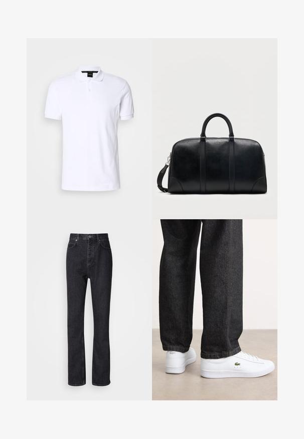 Witte polo van katoen met korte mouwen, een kraag en een knoopsluiting met drie knopen. Subtiele logo-details op de borst. Gladde textuur.; Hoge taille zwarte denim jeans met een knoop- en ritssluiting, voor- en achterzakken en een rechte pasvorm.; Witte leren sneakers met een laag profiel en een groen logo, gecombineerd met donkere spijkerbroek met gele stiksels.; Zwarte leren duffelbag met dubbele bovenhandgrepen, afneembare schouderriem en een klein "Hugo"-logo centraal geplaatst nabij de bovenste rits.