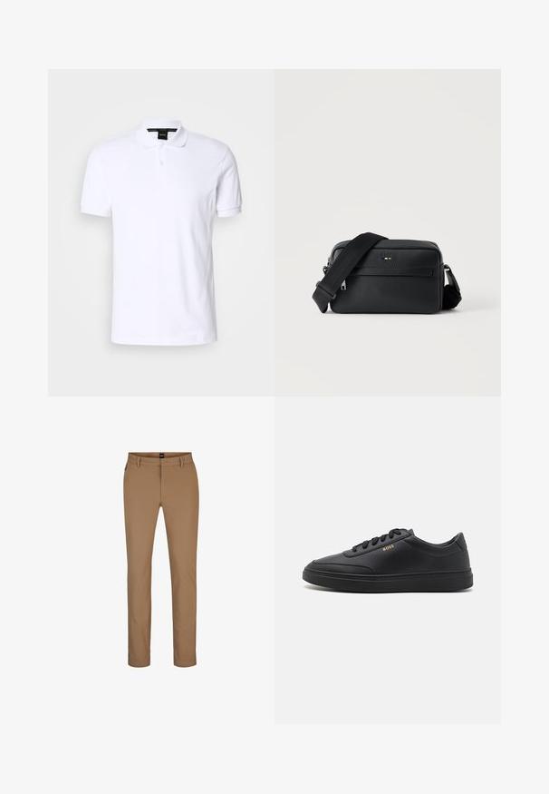 Polo shirt blanc en coton avec manches courtes, un col et une patte de boutonnage à trois boutons. Détail de logo subtil sur la poitrine. Texture lisse.; Pantalon marron clair en mélange de coton avec une coupe droite, poches avant et fermeture éclair. Matériaux minimaux et sans motifs visibles.; Baskets en cuir noir avec une texture lisse, bout rond, semelle en caoutchouc plate et lacets ton sur ton. Présente une marque "BOSS" dorée sur le côté.; Sac bandoulière en cuir noir texturé avec poche avant zippée et bandoulière large en tissu réglable sur fond blanc.