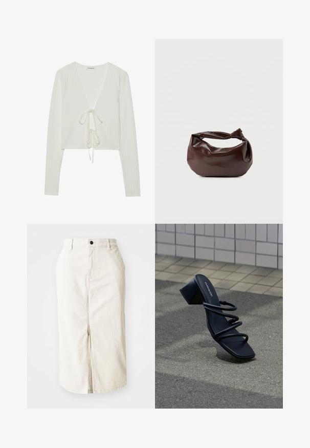 Hvid ribbet crop top med lange ærmer, dyb V-halsudskæring og snøre foran. Blød tekstur med subtil mønstring.; Beige bomulds midi skirt med frontslids, øverste knaplukning og uden synlige lommer. Flad talje og glat tekstur.; Sort sandal med firkantet tå, tre tynde stropper og blokhæl på fortov nær flisebelagt væg.; Mørkebrun læder skuldertaske med en blød, afslappet form og et snoet knudehåndtag på en ensartet hvid baggrund.