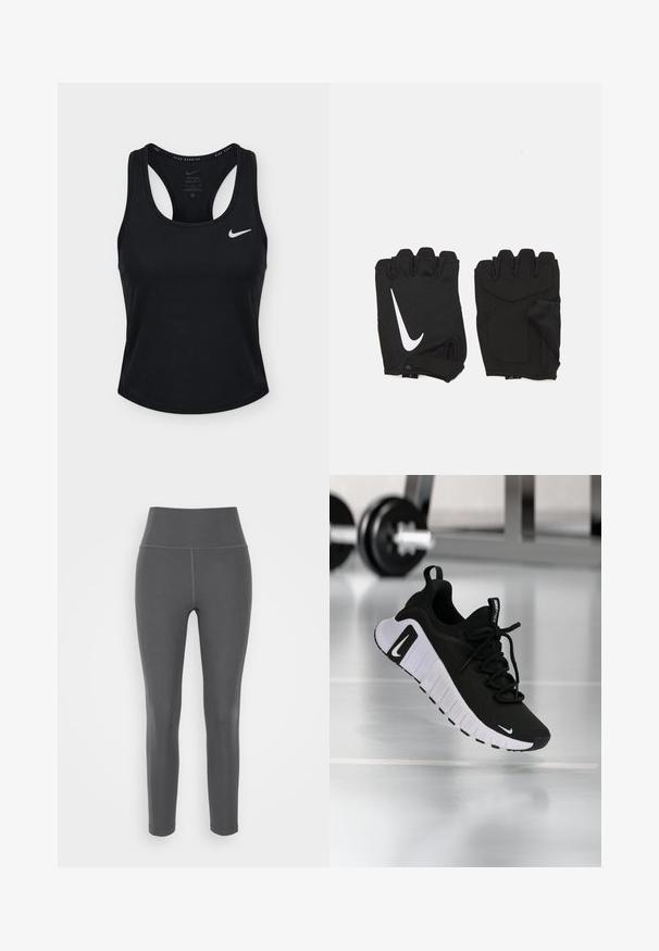 Must Nike Dri-FIT varrukateta jooksutopp racerback-stiilis ja valge Nike suvalise logoga vasakul rinnal.; Hallis kõrge vöökohtadega retuusid, mis on valmistatud venivast, siledast kangast, millel on lamedad õmblused ja sobiv disain, sobivad aktiivseks või igapäevaseks kandmiseks.; Must spordijalats, millel on tekstureeritud kangast pealmine osa, valge tallaga ja silmatorkava paelasüsteemiga. Omab Nike logo ning pehme ja polsterdatud disain.; Mustmusteta musta spordikindad, mis on valmistatud hingavast kangast, sisaldavad valget Nike logo, padjaga peopesad ja avatud randme disain paindlikkuse tagamiseks.