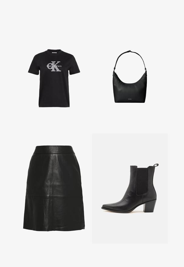 Zwart T-shirt met korte mouwen en wit "Calvin Klein"-logo met grote gestileerde letters "cK" in het midden vooraan.; Zwarte A-lijn rok van imitatieleren met hoge taille en zichtbare naaddetails aan de voorkant en bij de zoom.; Dolce Vita SHADIE - Lage laarzen - black; Zwarte gestructureerde leren schoudertas met een enkele riem en een klein Calvin Klein-logo aan de voorkant in het midden.