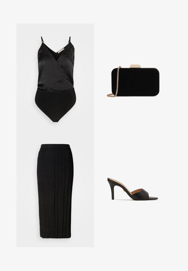 Anna Field Top - black; Sort midi-nederdel med lodrette folder, lavet af struktureret stof. Har en elastisk talje for komfort. Sofistikeret, alsidig design.; Sorte åbne højhælede mules med en glat læderoverdel, mandelformet forparti og en slank stilettohæl. Detaljer i guldfarve er synlige.; Sort velour clutch med guldfarvede detaljer, rektangulær form og kædestrop, der har en glat tekstur og ingen synlige mønstre.