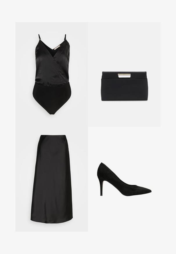 Anna Field by Zalando Top - black; Zwarte satijnen midi-rok met een gladde textuur, A-lijn vorm en een subtiele glans. Heeft een slank, eenvoudig ontwerp zonder versieringen.; Zwarte suède hoge hakken met een spitse neus en een slanke silhouette. Heeft een dunne hak en een soepele textuur. Klassiek ontwerp.; Zwart leren clutch tas met een rechthoekige vorm. Heeft een metallic handvataccent op de sluiting, een gladde textuur en een minimalistisch ontwerp.