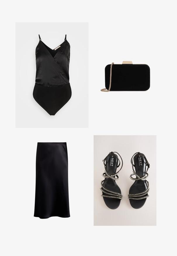Anna Field by Zalando Débardeur - black; Jupe midi en satin noir avec une texture lisse, silhouette en A et une légère brillance. Elle présente une taille élastique et un design longueur totale.; Sandales noires à brides avec accents métalliques. Dotées d'une semelle intérieure à texture lisse et de plusieurs brides ornées créant un effet superposé.; Pochette en velours noir avec quincaillerie dorée, de forme rectangulaire, et une bandoulière en chaîne, présentant une texture lisse et sans motifs visibles.