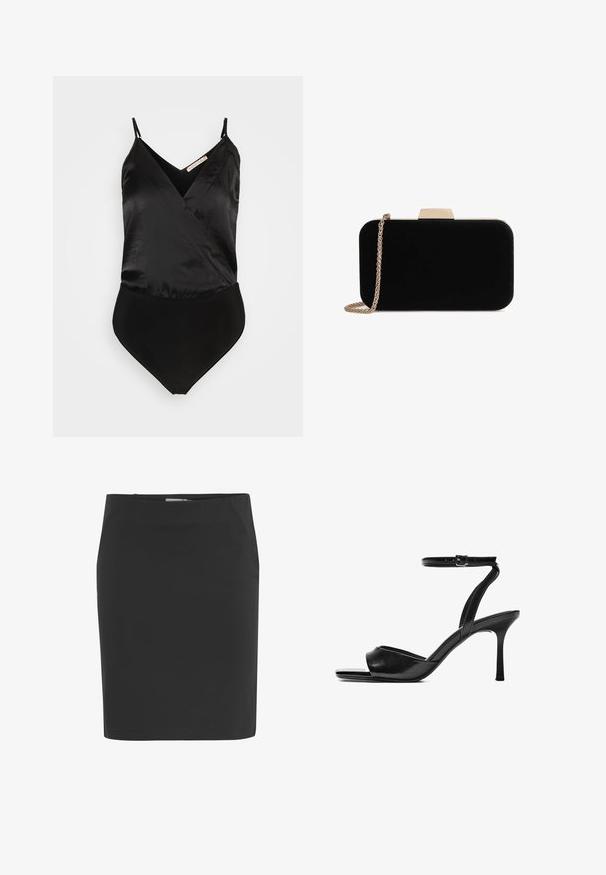 Anna Field by Zalando Top - black; Sort knælængde pencilskørt med lige pasform og lynlås i siden.; Sort læder højhælet sandal med åben tå, tynd ankelstrop med spænde og slank tilspidset hæl.; Sort velour clutch med guldfarvede detaljer, rektangulær form og kædestrop, der har en glat tekstur og ingen synlige mønstre.