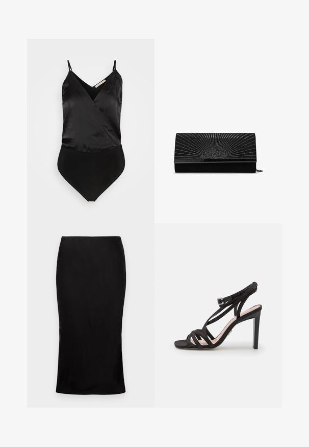 Anna Field by Zalando Top - black; Falda midi negra ajustada con una textura suave, detalle de abertura lateral y una cinturilla clásica. Diseñada para una silueta elegante.; Bronx ALADIN - Sandalias - black; Bolso de mano negro en ante con cierre metálico, que presenta un patrón adornado de tachuelas plateadas que irradian desde el centro. Compacto y rectangular.