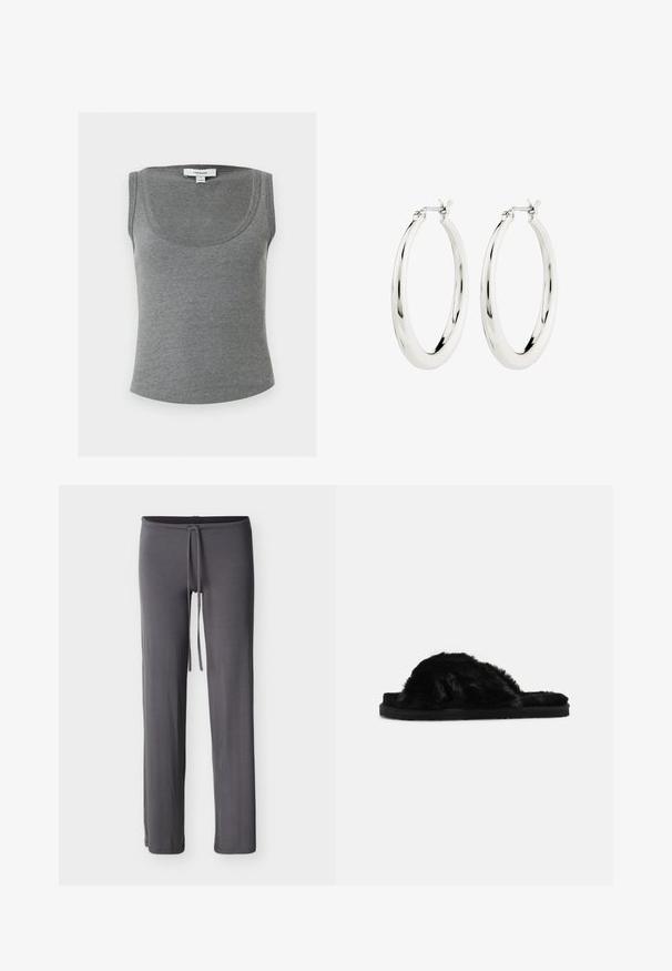 Grau geripptes ärmelloses Tanktop mit Rundhalsausschnitt, mit einem kleinen weißen Topshop-Etikett am hinteren inneren Kragen.; Dunkelgraue gerade geschnittene Hose mit elastischem Bund und Kordelzug, dargestellt vor einem einfarbigen weißen Hintergrund.; Schwarze, pelzige Slipper-Sandalen mit einer weichen Textur, offener Zehenpartie und flacher schwarzer Sohle. Keine sichtbaren Beschläge oder Muster.; Silberne Creolen mit einer glatten, glänzenden Oberfläche. Kreisform, ausgestattet mit einem sicheren Verschluss. Einfaches und elegantes Design.