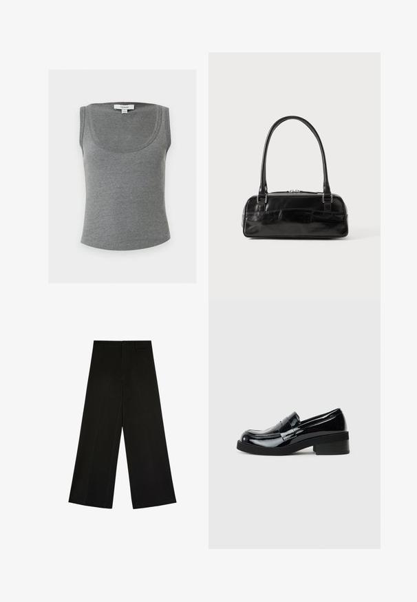 Débardeur gris côtelé sans manches avec encolure dégagée, comportant une petite étiquette blanche Topshop à l'intérieur du col au dos.; Pantalon noir à jambes larges avec fermeture par bouton et zip, passants de ceinture et plis d’avant, posé à plat sur fond blanc.; Mocassins en cuir verni noir avec un bout rond, un petit talon carré et une finition lisse et brillante. Présente une sangle décorative à l'avant.; Sac à main en cuir noir de forme rectangulaire, doté d'une seule ansse structurée, de quincaillerie argentée et d'une fermeture éclair. Texture lisse.