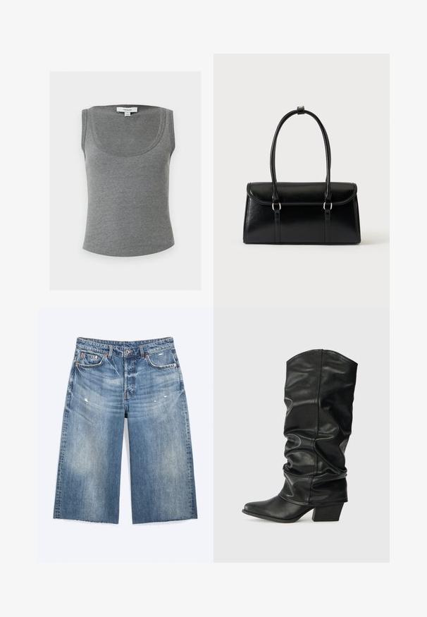 Grijs geribd mouwloos tanktopje met ronde halslijn, met een klein wit Topshop-label aan de achterkant binnen in de kraag.; Blauwe denim knielange shorts met lichte slijtage, voorzakken, riemlussen en een knoopsluiting.; Zwarte leren laarzen tot de knie met een verslonden ontwerp, puntige neus en een chunky hak, voorzien van een zachte textuur en minimale stiksels.; Zwarte leren rechthoekige handtas met klep en twee lange handvatten tegen een effen witte achtergrond.