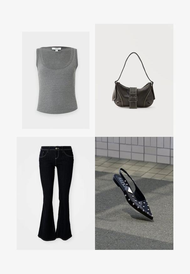 Camiseta de tirantes sin mangas gris acanalada con escote redondo, con una pequeña etiqueta blanca de Topshop en la parte trasera del cuello por dentro.; Jeans acampanados de lavado oscuro con una cintura alta, bolsillos delanteros y traseros, y costuras en amarillo contrastante.; Zapato slingback negro con punta, hecho de material liso, con tachuelas plateadas, suela plana y un logo en la plantilla.; Bolso de hombro de cuero negro con detalle de correa con hebilla, bordes curvos y costuras blancas en contraste sobre un fondo liso.