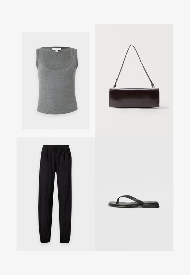 Débardeur gris côtelé sans manches avec encolure dégagée, comportant une petite étiquette blanche Topshop à l'intérieur du col au dos.; Pantalon noir léger coupe ample avec taille ajustable par cordon et poignets élastiques, conçu pour un usage décontracté.; Tongs noires en cuir lisse, avec un design de sangle fine et une semelle plate à profil minimal. Aucun motif ou accent notables.; Sac à main rectangulaire en cuir noir avec une longue bandoulière unique et une finition brillante, présenté sur un fond blanc uni.