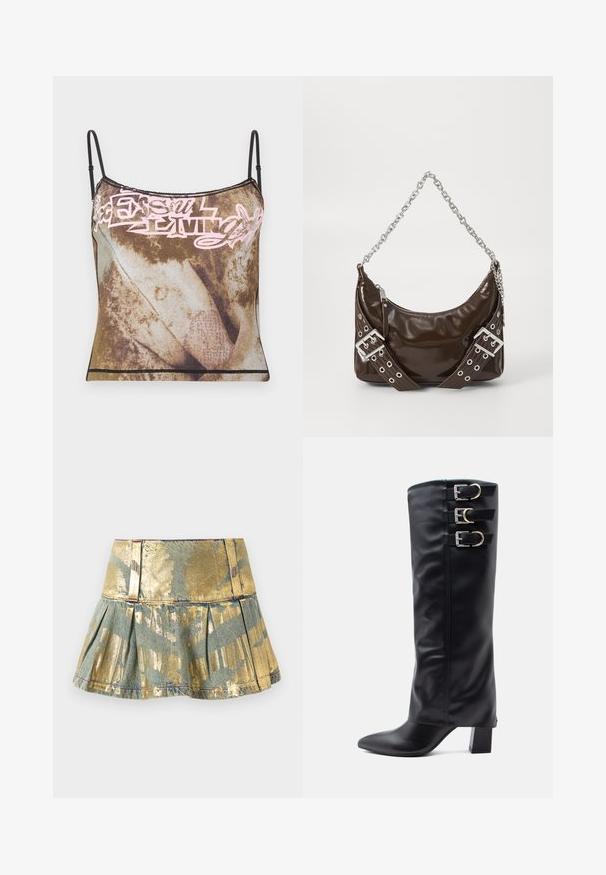 Braun-beige Batik-Top mit dünnen schwarzen verstellbaren Trägern und hellrosa abstraktem Textdesign über der Brust.; Gold- und türkisfarbene, gefältelte Denim-Rock mit glänzender Oberfläche, ausgestattet mit einem figurschmeichelnden Bund und kontrastierenden Nähdetails.; Schwarze knöchelhohe Stiefel aus glattem Kunstleder mit einer spitzen Zehenform, die an der Seite drei silberne Schnallenakzente und einen klobigen Absatz haben.; Dunkelbraune Lackleder-Handtasche mit silberner Kettenriemen, dekorativen doppelten Schnallen und Reißverschluss.