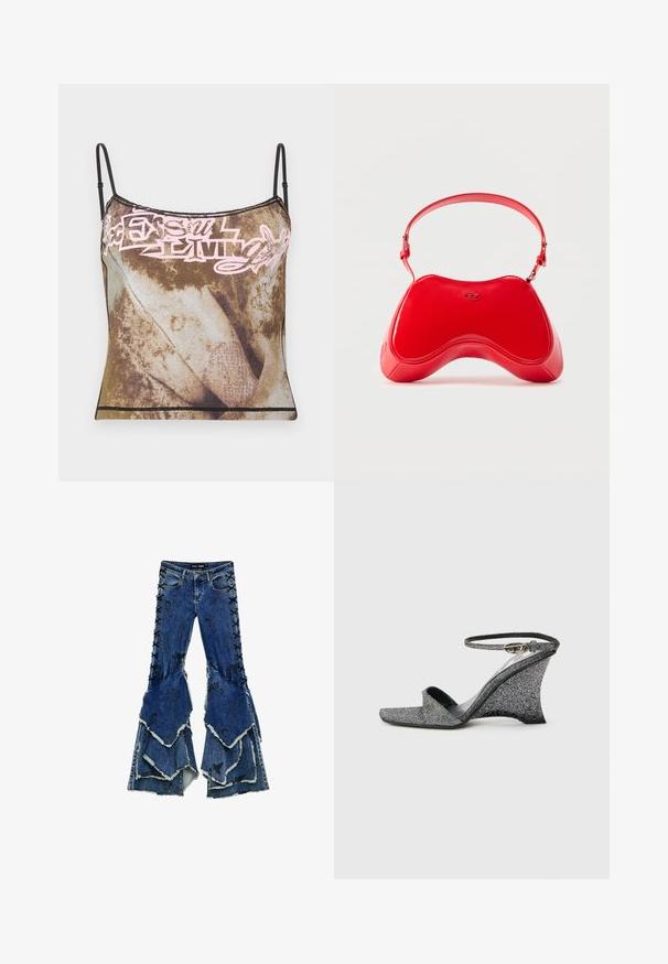 Camisole marron et beige teinté noué avec de fines bretelles noires ajustables et un motif de texte abstrait rose clair sur la poitrine.; Jean en denim bleu à pattes d'éléphant avec une conception de volants superposés, présentant des détails lacés noirs sur les côtés et des bords effilochés.; Sandale compensée pailletée argentée avec bout ouvert, bride à la cheville et boucle dorée, vue de côté sur un fond clair uni.; Sac en cuir verni rouge avec une forme incurvée et ergonomique, doté d'une fine sangle réglable et d'un discret logo sur le devant.