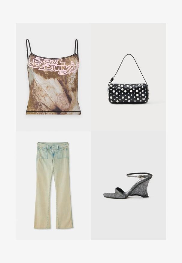Camisole marron et beige teinté noué avec de fines bretelles noires ajustables et un motif de texte abstrait rose clair sur la poitrine.; Jean flare en denim bleu clair avec une finition délavée, présentant des passants de ceinture, deux poches avant et deux poches arrière avec des accents de couture.; Sandale compensée pailletée argentée avec bout ouvert, bride à la cheville et boucle dorée, vue de côté sur un fond clair uni.; Sac à main en cuir noir à forme arrondie, orné de clous argentés. Comprend une bandoulière amovible et une fermeture éclair. Texture lisse.