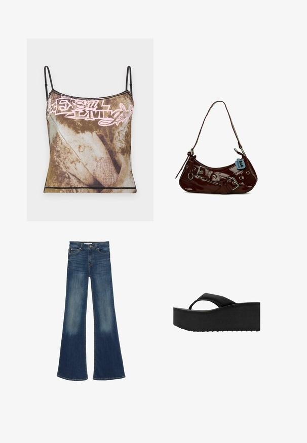 Camisole marron et beige teinté noué avec de fines bretelles noires ajustables et un motif de texte abstrait rose clair sur la poitrine.; Jean en denim bleu foncé taille haute avec jambes évasées larges et zones décolorées sur les cuisses et le bas des jambes.; Tongs noires à semelle plate épaisse et rembourrée avec une large bride sur les orteils, vues de côté sur fond blanc.; Sac à main en cuir verni bordeaux avec une forme courbée, accents en métal argenté et une boucle décorative. Il présente une courte bandoulière et une fermeture éclair.