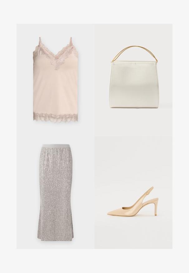 Beige silke camisole med blonder langs V-halsudskæring, stropper og kant på en ensartet lysegrå baggrund.; Knælang sølvfarvet nederdel med pailletten, der har en tætsiddende talje og vertikale shimmer-mønstre samt sideslids for nem bevægelse.; Nude patenteret læder slingback hæl med spidse tæer, åben vamp og en tynd stiletto hæl. Har et cirkulært guldfarvet element på remmen.; Struktureret taske i satinfinish, cremefarvet, med en kæde til skulderrem. Har en flad, glat tekstur og rene syninger.