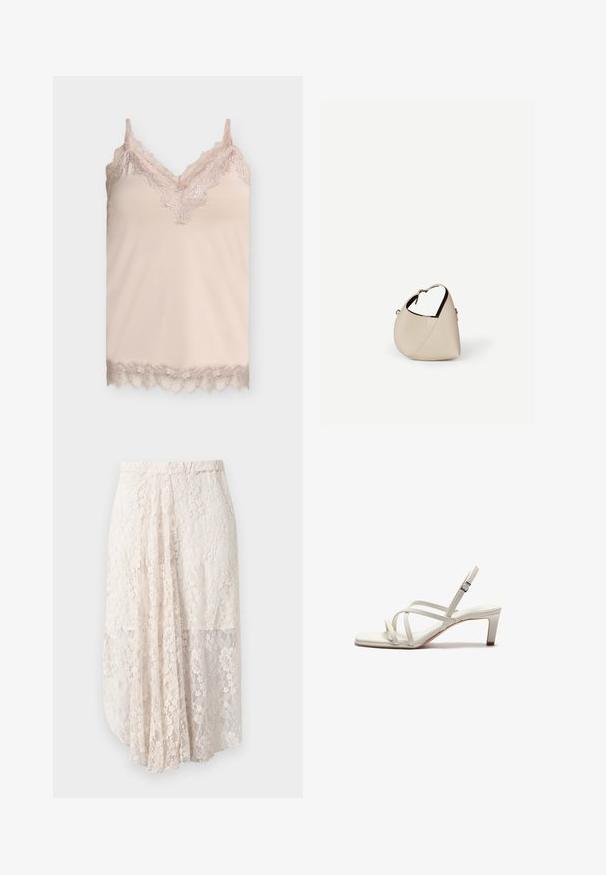 Beige Seiden-Camisole mit Spitzenbesatz entlang des V-Ausschnitts, der Träger und des Saums vor schlichtem hellgrauem Hintergrund.; Maxirock aus leichtem Beige mit Blumenmustern, transparenter Überlagerung und elastischem Bund. Verfügt über eine fließende, geschichtete Silhouette.; Zign by Zalando Pumps - off white; Beige Ledertasche in Halbmondform mit einem einzelnen Schulterriemen und minimaler Nahtgestaltung, vor einem schlichten weißen Hintergrund.