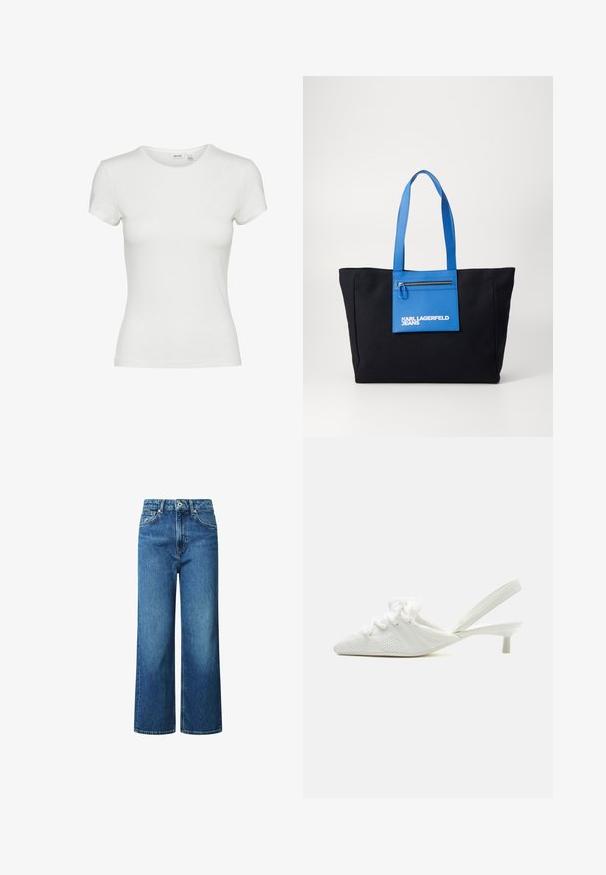 Aware AWINES - T-shirt basic - snow white; Wide-leg jeans van blauwe denim, met een hoge taille, knoopsluiting aan de voorkant en gestikte details. Geen patronen of versieringen.; Witte slingback kitten heel schoen met een gestructureerd geweven bovenwerk en decoratieve stoffen knopen bovenop, zijaanzicht op een lichte achtergrond.; Zwarte tote bag met blauwe accenten, met een ritsvak aan de voorkant. Het materiaal lijkt stevig met dubbele blauwe handvatten en merktekst.