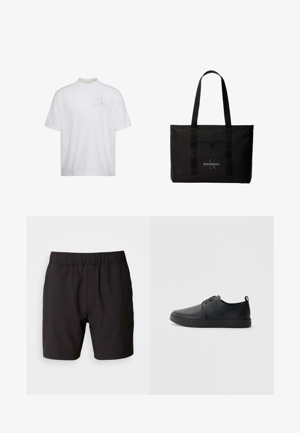 Weißes T-Shirt mit kurzen Ärmeln und Stehkragen, mit dezent erhabenem "ck"-Logo auf der linken Brustseite.; Schwarze Shorts aus elastischem Stoff mit einem elastischen Bund, Seitentaschen und einem schlichten, klaren Design. Keine Muster oder Verzierungen.; Schwarze Leder-Sneaker mit glatter Oberfläche, abgerundeter Zehenpartie, gleichfarbiger Nähte, schnürbarem Vorderteil und flacher Gummisohle. Schlaufe an der Ferse.; Schwarze Calvin Klein Tote-Tasche mit zwei langen Griffen und Fronttasche, mit dem Markenlogo in Weiß und Grau.