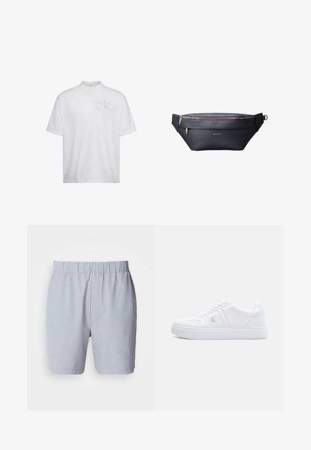 Hvid T-shirt med korte ærmer og høj hals, med subtilt hævet "ck" logo på venstre bryst.; Lysegrå badebukser med elastisk talje, to sidelommer og et glat, letvægtsstof. Ingen synlige mønstre eller udsmykninger.; Hvid lavtsiddende sneaker med struktureret stof, snørelukning, flad sål og subtilt "cK"-logo på sidepanelet.; Sort læder Calvind Klein bæltetaske med to lynlåslommer og justerbar rem med metalspænde.