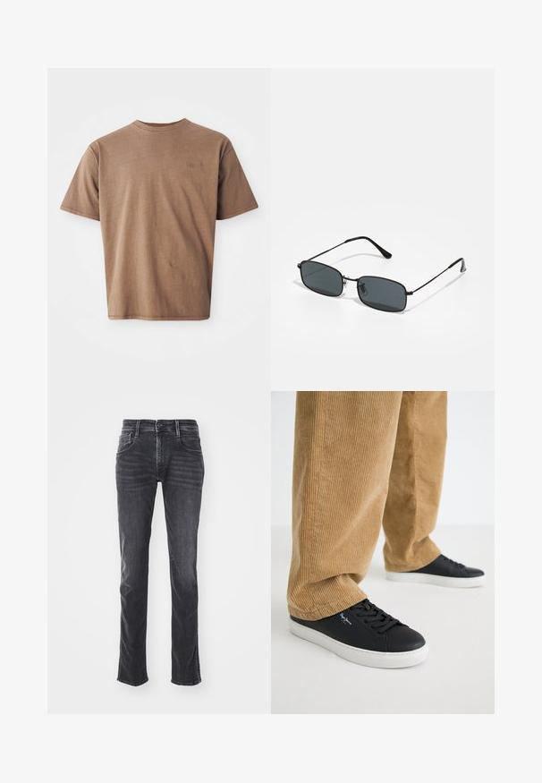 Brun bomulds t-shirt med rund hals, korte ærmer og et diskret broderet logo på venstre brystområde. Glat tekstur, afslappet pasform.; Mørkegrå denim jeans med lige ben design, subtil fading og fem lommer. Har en knap- og lynlås lukning.; Sorte lædersneakers med hvide gummisåler. Båret med tanfarvede corduroybukser med vertikale ribber og en afslappet pasform.; Sorte rektangulære solbriller med tynd metalramme og mørke linser, der hviler på en hvid overflade.