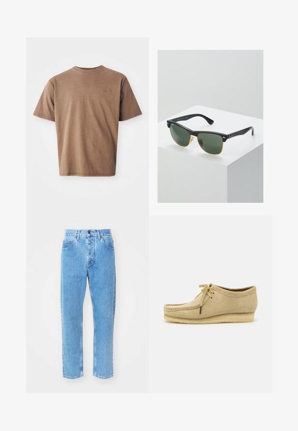 T-shirt en coton marron avec un col rond, des manches courtes et un logo brodé discret sur le côté gauche de la poitrine. Texture lisse, coupe décontractée.; Des jeans en denim bleu clair présentent un design à jambe droite, cinq poches et une fermeture à bouton classique au niveau de la taille.; Chaussure en daim beige avec un design à lacets, des détails cousus et une semelle en caoutchouc. La forme est décontractée avec un léger talon compensé.; Lunettes de soleil Ray-Ban avec des verres verts, monture en plastique noir et accents dorés sur les bords. Forme carrée avec une finition mate.