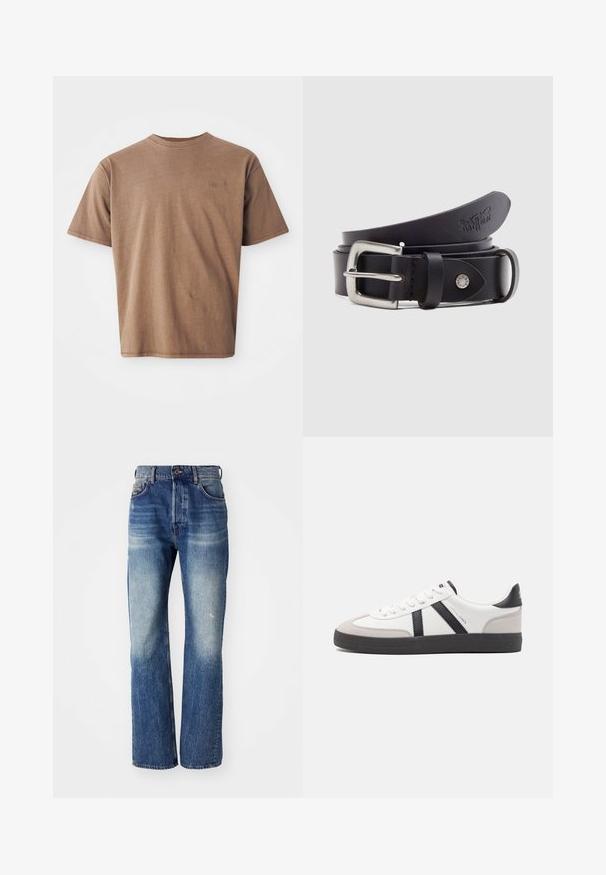 Bruine katoenen t-shirt met ronde hals, korte mouwen en een discreet geborduurd logo op de linkerborst. Soepele structuur, relaxte pasvorm.; Blauwe denim jeans met een rechte pijpdesign, met lichte vervaging en een lichte wassing aan de voorkant. Standaard vijf-pocket stijl.; Witte sneaker met zwarte en grijze accenten, voorzien van een grijze neus met textuur, zwarte rubberen zool en platte witte veters. Schoon ontwerp, minimalistische stijl.; Zwarte leren riem met een zilveren metalen gesp, een drukknop voor aanpassing en reliëfdetails op het leer. Overal een gladde textuur.