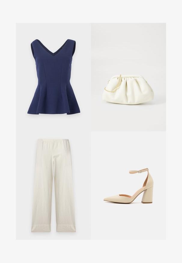 Top peplum sin mangas de color azul marino con escote en V y cintura ajustada, confeccionado en una tela suave y ligeramente elástica.; Pantalones de corte holgado de color crema con cintura elástica y dobladillos anchos con puños, mostrados sobre un fondo claro y simple.; Zapato de tacón alto de charol beige con punta afilada, correa en el tobillo y tacón grueso. Textura suave con detalles de costura mínimos.; Bolso de mano de cuero blanco con un diseño recogido, cuenta con una cadena dorada y forma redondeada. Textura suave con pliegues suaves y sin patrones.
