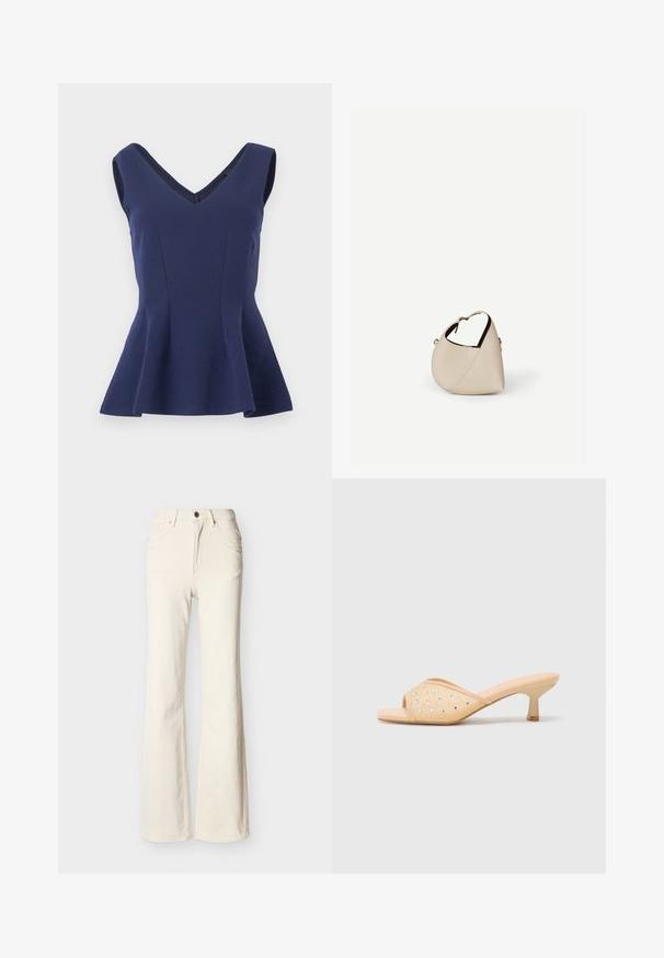 Ärmelloses marineblaues Peplum-Top mit V-Ausschnitt und tailliertem Schnitt, hergestellt aus glattem, leicht elastischem Stoff.; Off-White, hoch taillierte Jeans mit vorderem Knopf, Reißverschluss, Vorder- und Rückentaschen sowie leicht ausgestelltem Bein.; Beige offene Zehenmule mit einem glatten matten Finish, verziert mit dekorativen klaren Strasssteinen, die in einem Muster auf dem Obermaterial angeordnet sind.; Beige Ledertasche in Halbmondform mit einem einzelnen Schulterriemen und minimaler Nahtgestaltung, vor einem schlichten weißen Hintergrund.