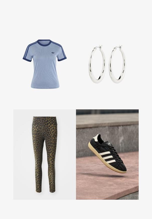 Hellblaues Adidas T-Shirt mit kurzen Ärmeln, dunkelblauem Besatz am Kragen und an den Bündchen, drei dunkelblaue Streifen auf den Schultern und dem Adidas-Logo auf der Brust.; Leggings mit Leopardenmuster, ausgestattet mit einem hohen Bund, dehnbarem Stoff und schwarzen Akzenten auf einem hellbraunen Grund, konzipiert für Komfort und guten Sitz.; Schwarzer Adidas-Sneaker mit weißen Streifen und beiger Sohle, in der Luft über einer steinernen Oberfläche und mit Steinwand im Hintergrund aufgenommen.; Silberne Creolen mit einer glatten, glänzenden Oberfläche. Kreisform, ausgestattet mit einem sicheren Verschluss. Einfaches und elegantes Design.