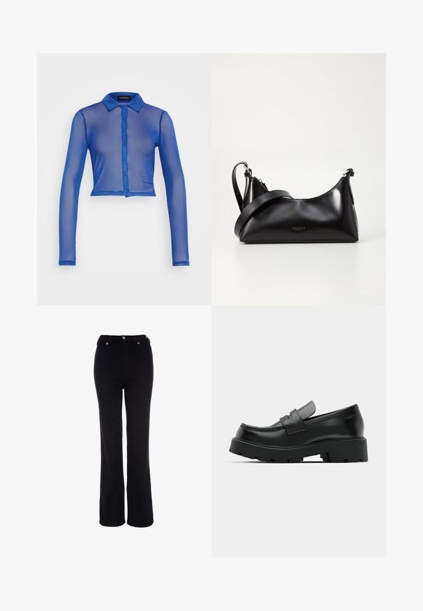 Blauw doorschijnend blouse met lange mouwen en kraag, voorzien van een sluiting met zes knopen en een cropped ontwerp. Soepele textuur met een lichtgewicht, doorschijnend uiterlijk.; Zwarte, hooggetailleerde rechte broek met knoop- en ritssluiting, riemlussen en voorzakken.; Zwarte leren instappers met een chunky, gestructureerde zool, voorzien van een band over de voet en een gladde, gepolijste afwerking.; Zwarte leren handtas met een gladde textuur. Beschikt over een verstelbare schouderband en een strak, minimalistisch ontwerp met een ritssluiting.