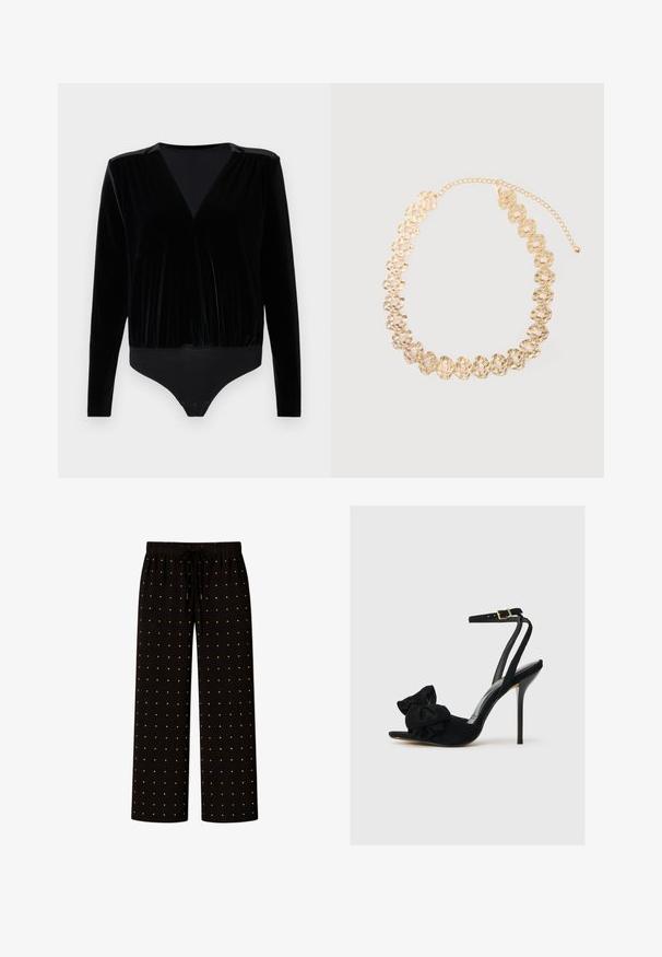Bodysuit en velours noir à manches longues avec un décolleté en V plongeant et un bas froncé. Fermeture à pression à l'entrejambe. Texture lisse.; Pantalon ample noir avec une taille élastique, cordons de serrage et un motif de petits points dorés régulièrement espacés.; Sandale à talons hauts en daim noir avec une bride à la cheville, présentant un grand nœud décoratif au niveau des orteils et une semelle intérieure brillante. Design stilettos.; Collier ton or avec chaîne circulaire texturée et fermoir ajustable sur un fond neutre.
